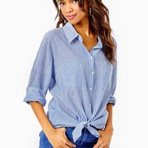 BNWT XXS Lilly Pulitzer Sea View button down in Blue Oxford Stripe